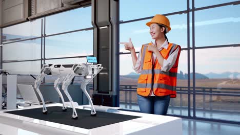 cuerpo lleno de ingeniera asiática con casco de seguridad sonriendo y apuntando a un lado mientras estaba de pie en una fábrica de alta tecnología, analizando el concepto de máquina robótica