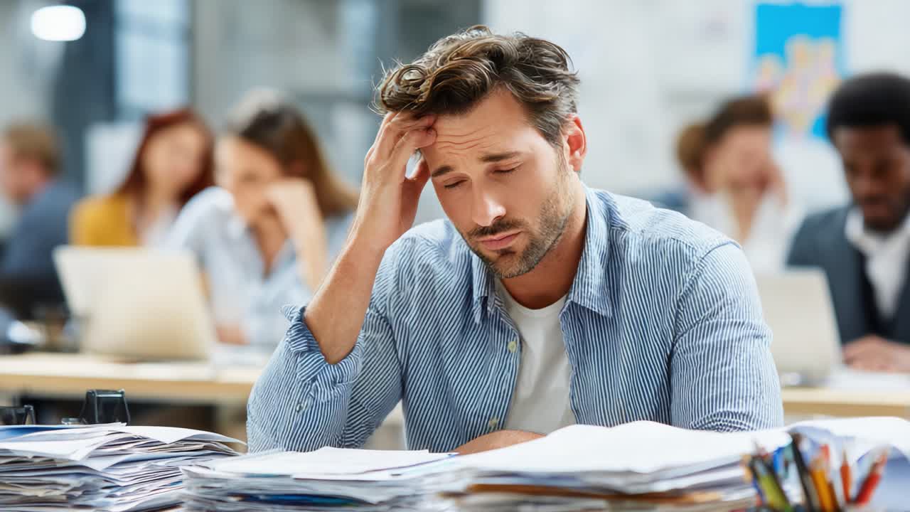A Stressed Professional Overwhelmed by Paperwork in a Busy Office Environment, Struggling to Maintain Focus Amidst a Mountain of Tasks and Background Distractions