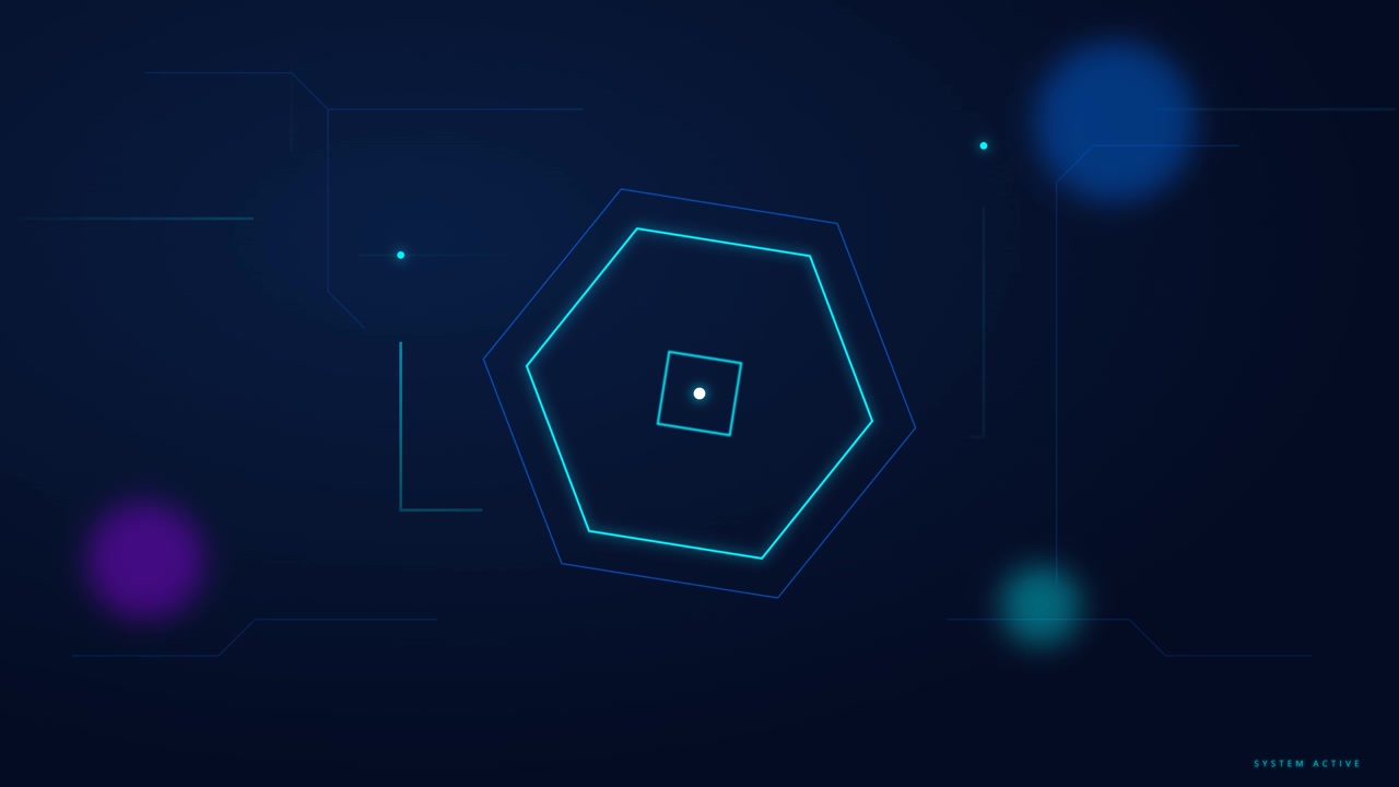 Futuristic Digital Interface with Glowing Hexagon and Data Lines