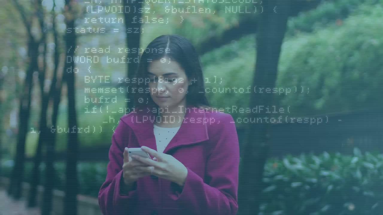 Animation of data processing against caucasian woman using smartphone in the park
