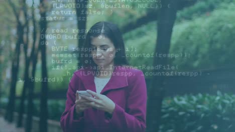 Animación-Del-Procesamiento-De-Datos-Contra-Una-Mujer-Caucásica-Usando-Un-Teléfono-Inteligente-En-El-Parque