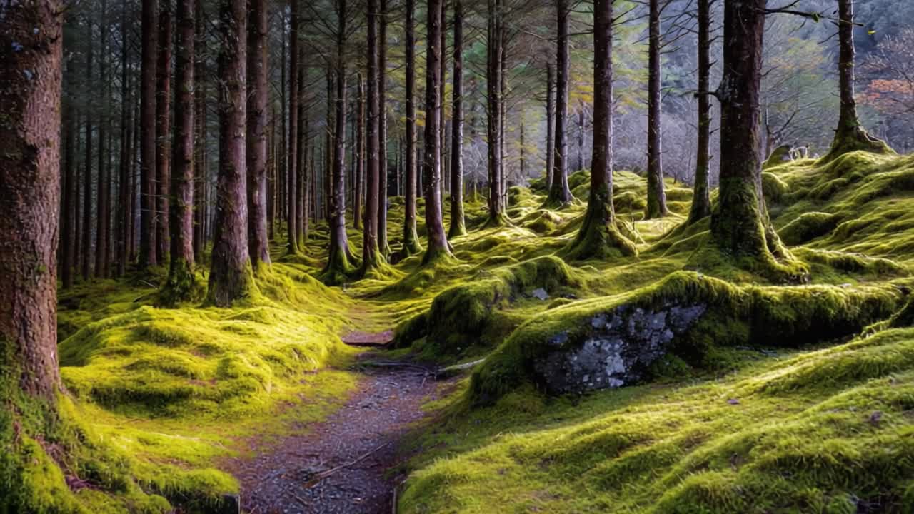 A Serene Walk Through a Lush Forest: Exploring the Tranquility and Natural Beauty of Moss-Covered Pathways Under Towering Trees in Enchanting Woodland