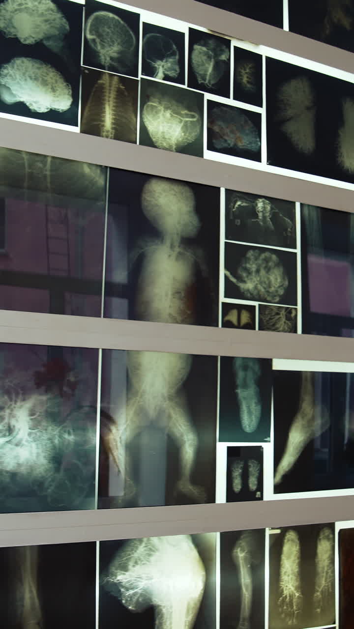 Wall with multiple MRI photos. Many x-ray photographs showing people's bones. MRI images including: head, neck, arm, foot, pelvis. Vertical video