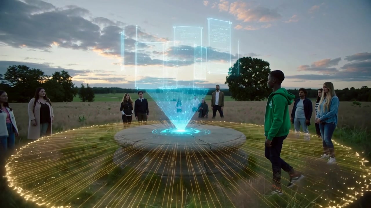 Muž v zelené mikině kráčí a natahuje se přes kamennou studnu na soumračném poli, zatímco skupina sleduje, jak stoupá hologram.