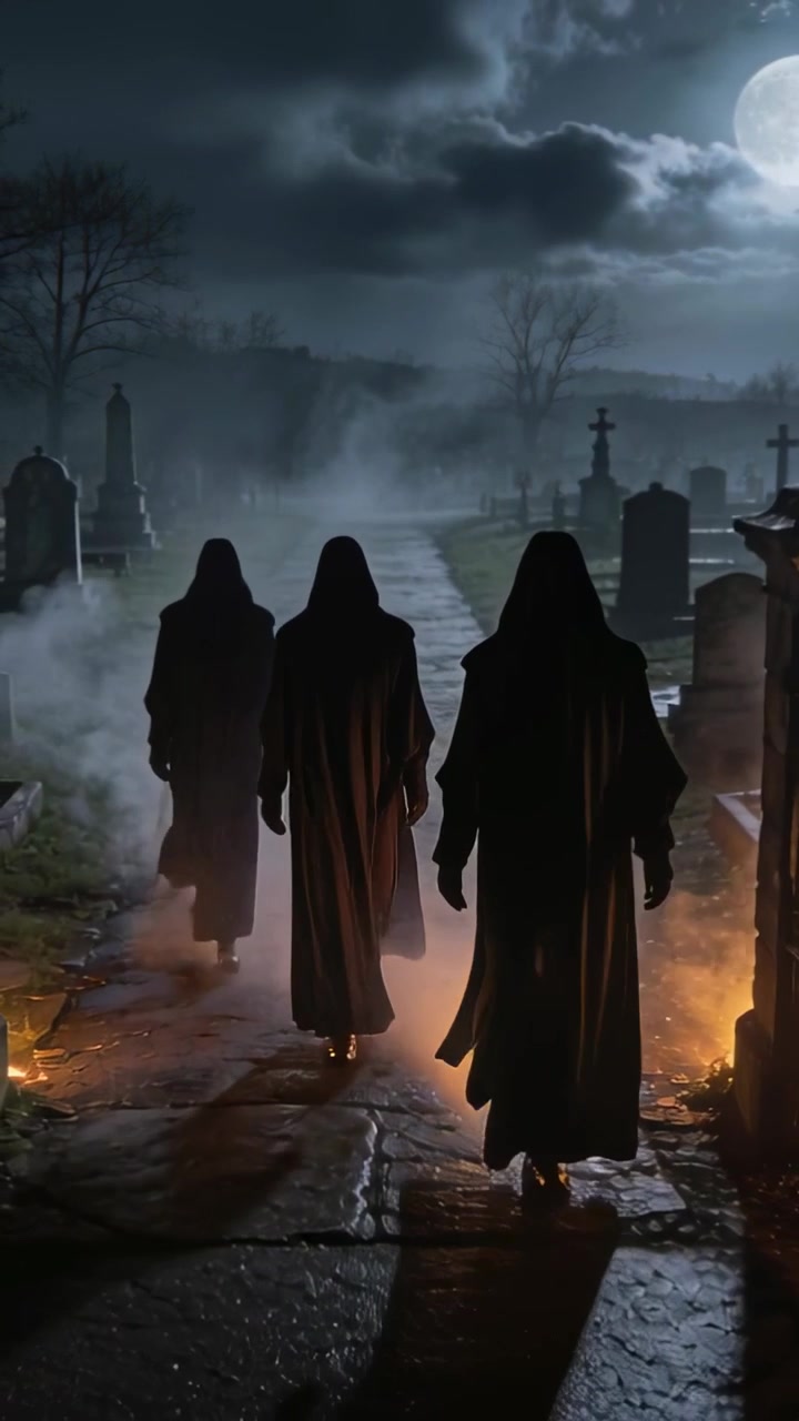 Vertical video: Moving 3 hooded figures conducting rite on path among gravestones, lanterns flaring