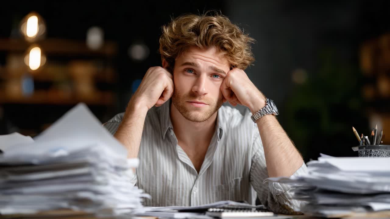A young man with tousled hair expresses deep frustration and overwhelm while seated at a cluttered desk filled with stacks of paperwork, illustrating the burdens of modern work life