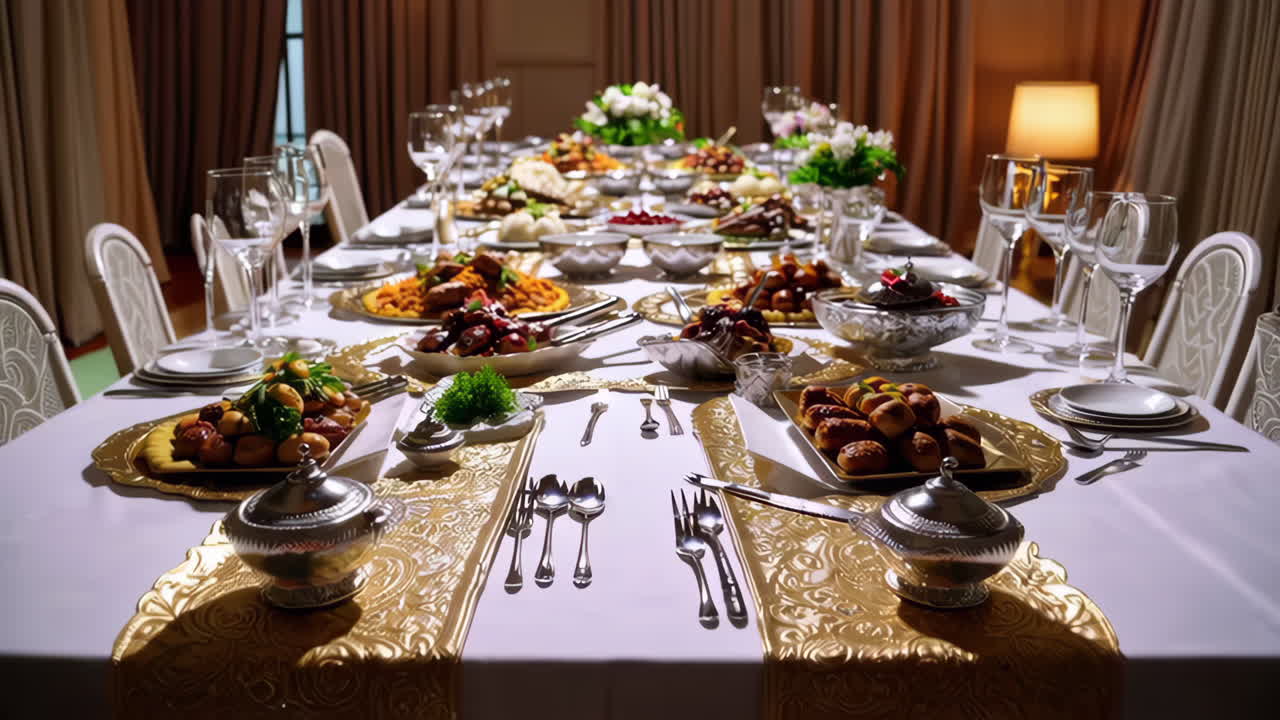 Formal Dinner Table with Extensive Food Spread