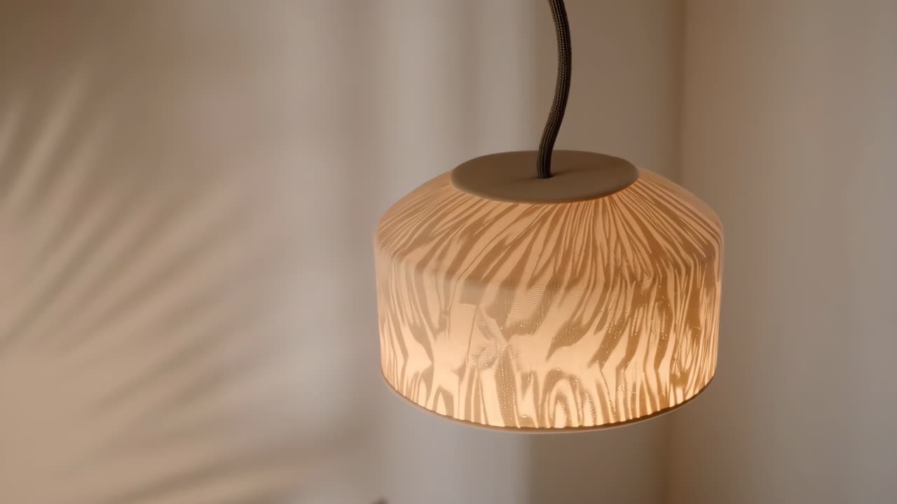 Modern pendant light with a textured lampshade casting a warm glow