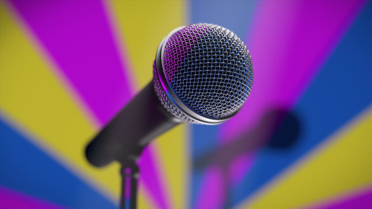 micrófono de música en el escenario bar de karaoke contra un colorido fondo retro