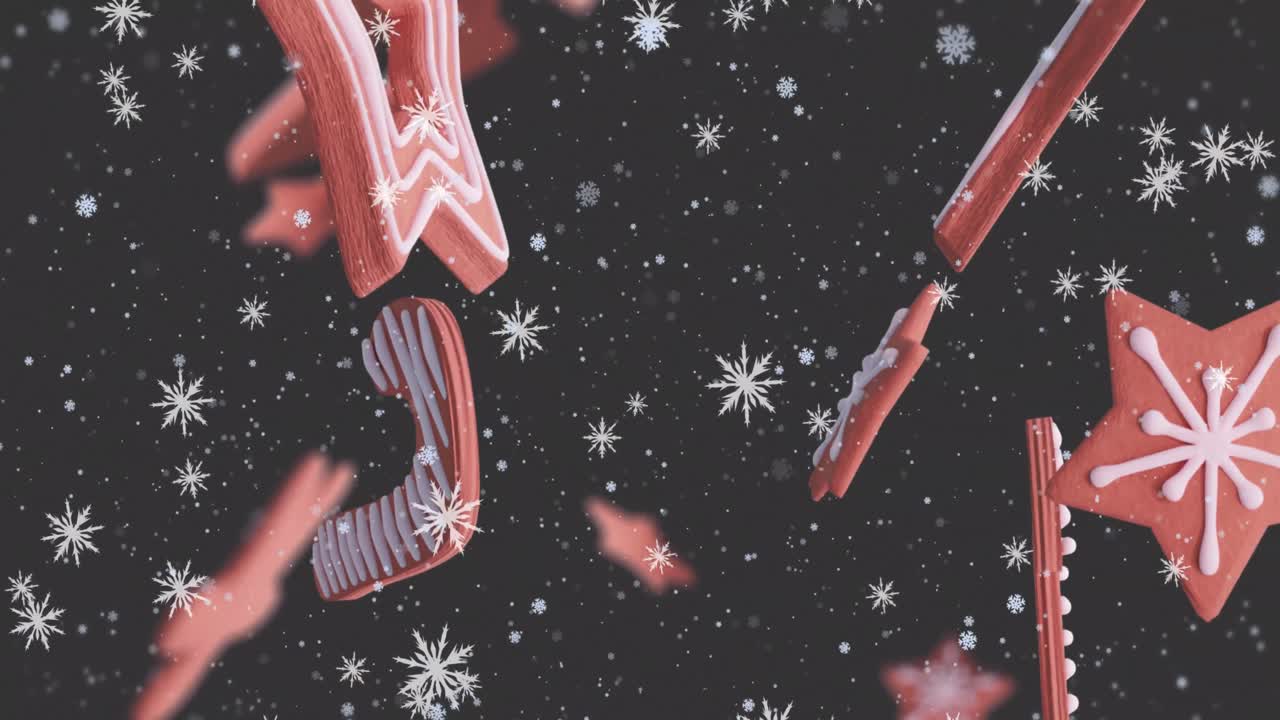 animación de las galletas de jengibre de navidad sobre los copos de nieve que caen