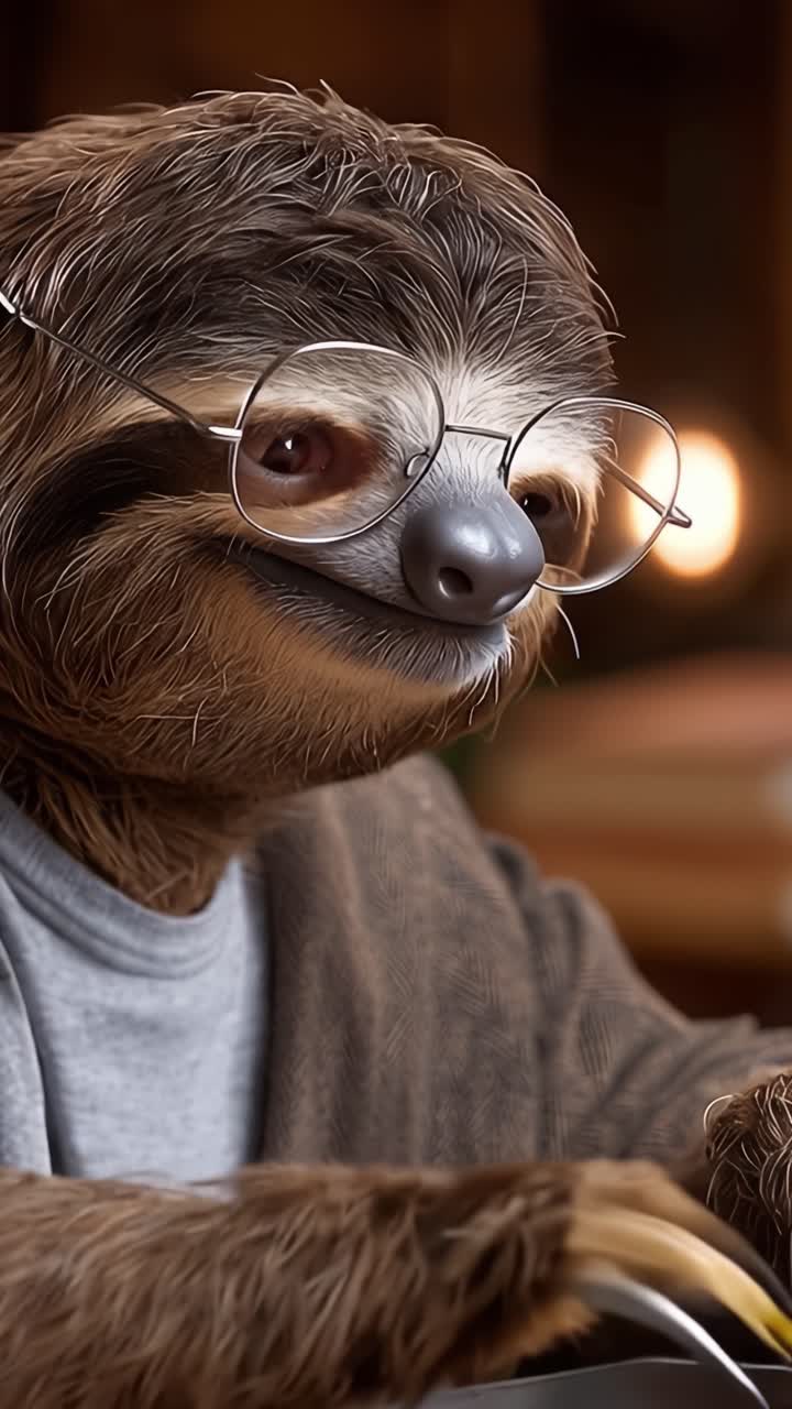 Un bradipo pensieroso, con gli occhiali, interagisce con curiosità mentre è comodamente seduto, catturando un momento di fascino e personalità in un ambiente accogliente.