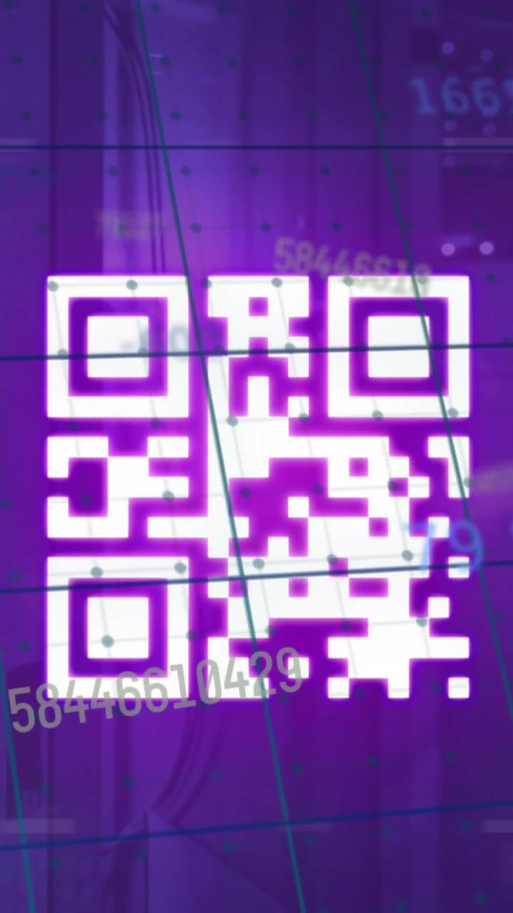 Animation of changing numbers over neon qr code and data processing against computer server room