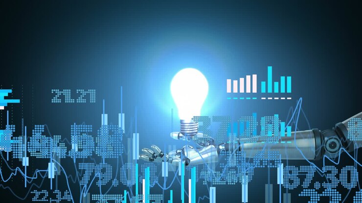 Animazione dell'elaborazione dei dati su una lampadina elettrica fluttuante sopra un braccio robotico su sfondo blu.