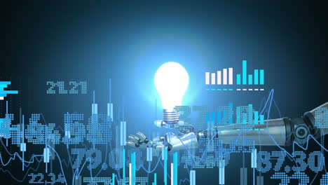 animation of data processing against electric bulb floating over robotic arm against blue background