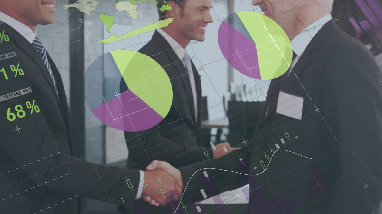 animazione dell'elaborazione dei dati finanziari su diversi colleghi che si stringono la mano in ufficio