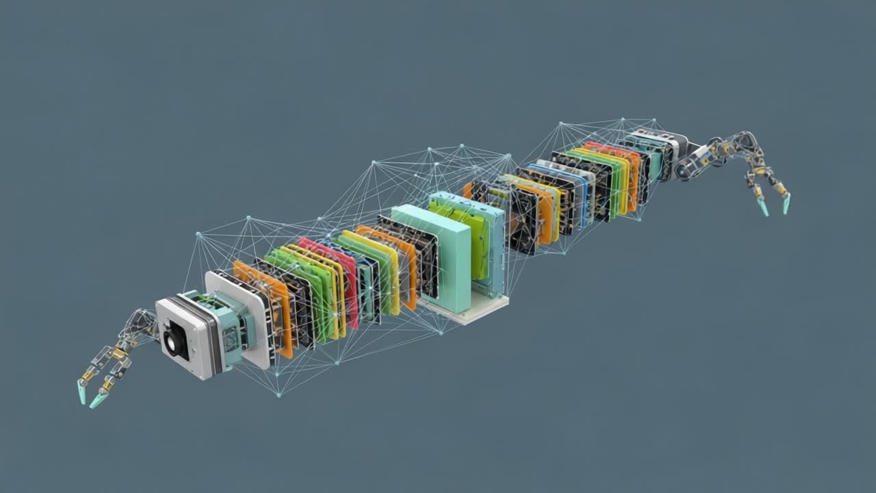 A Close-Up View of a Complex Robotic Arm Constructed with Colorful Components and Innovative Technology, Showcasing Advanced Engineering and Design in Robotics
