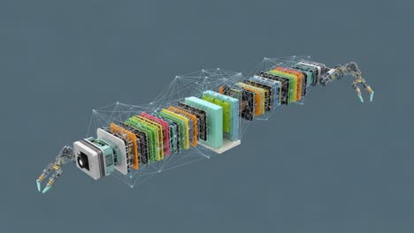 a close-up view of a complex robotic arm constructed with colorful components and innovative technology, showcasing advanced engineering and design in robotics