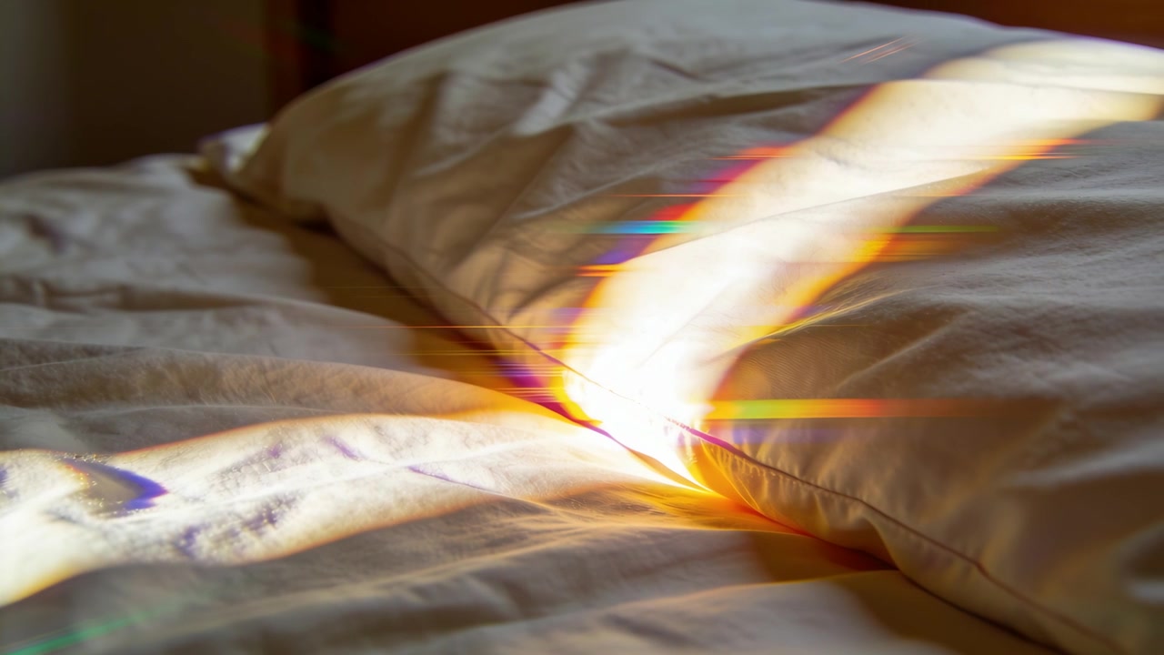 Lichtinval vanuit het raam, zonlicht dat over de naad van een kussen op een verkreukeld laken glijdt en regenboogstrepen vormt.