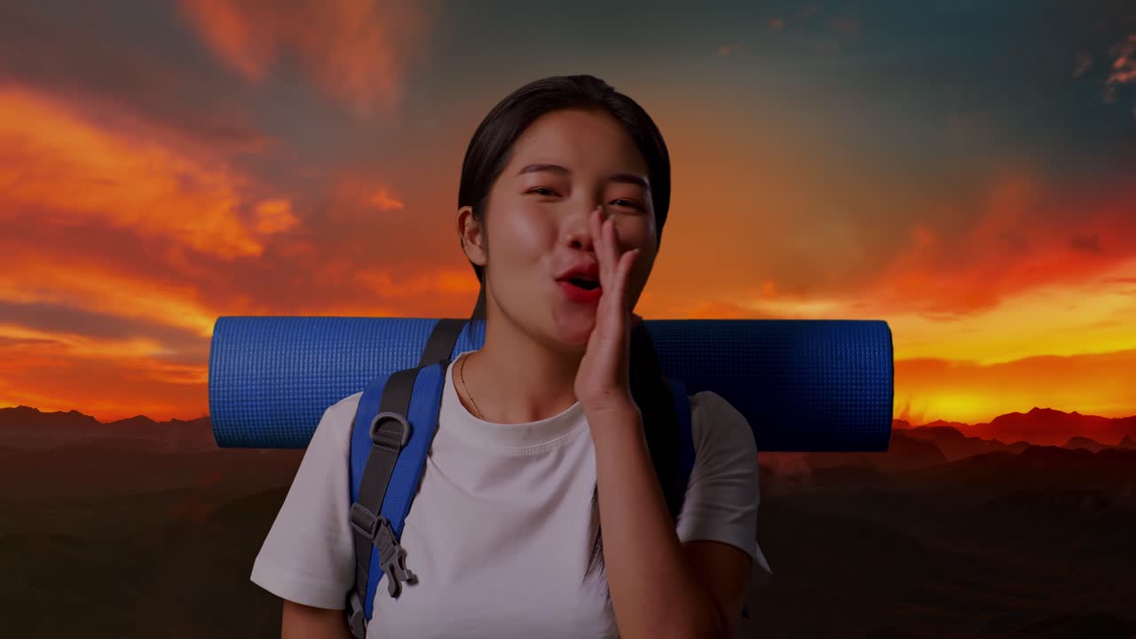 해가 지는 동안 흥분한 여인 여행자