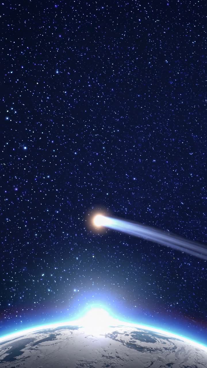 A cinematic video scene of a meteor streaking across a starry sky, captured from a low angle
