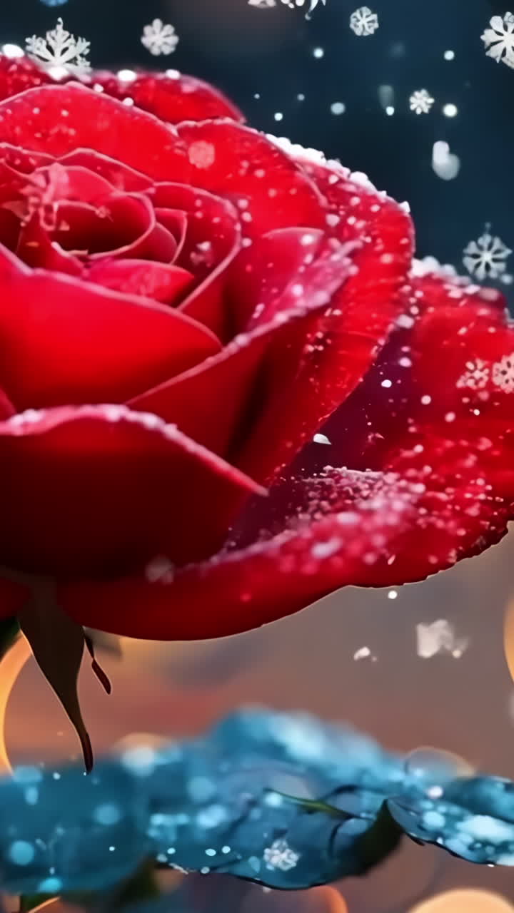 A red rose is the main focus of the image, with a blurry background and a snowy setting. The rose is surrounded by a few other flowers, but it stands out as the most prominent and beautiful one