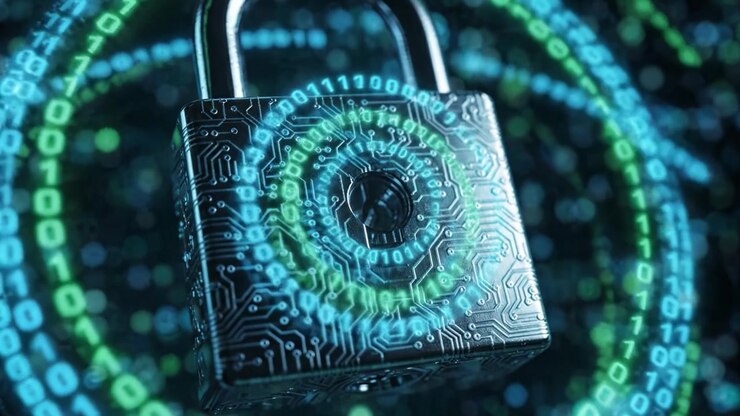 A Digital Lock Surrounded by Green and Blue Binary Code in a Futuristic Environment Representing Cybersecurity and Data Protection