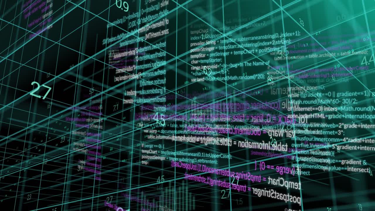 Animation of layers of pink, white and blue data processing over 3d grid on black background