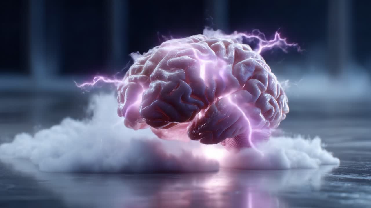 Un cervello elettrico circondato da nuvole: una straordinaria visualizzazione dell'attività sinaptica e dell'intelligenza catturata con effetti luce drammatici