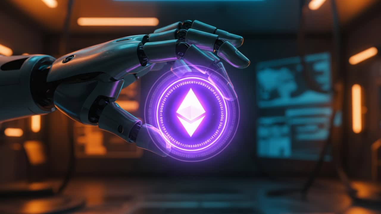 Futuristic Robotic Hand Holding Ethereum Symbol: A Glimpse into the Intersection of Technology and Cryptocurrency Innovation