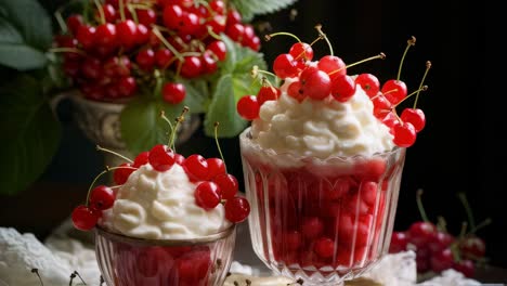 two glass cups with layers of cherries in syrup and whipped cream decorated with fresh cherries, next to a silver vase full of red cherries on a dark background, create a tempting dessert scene