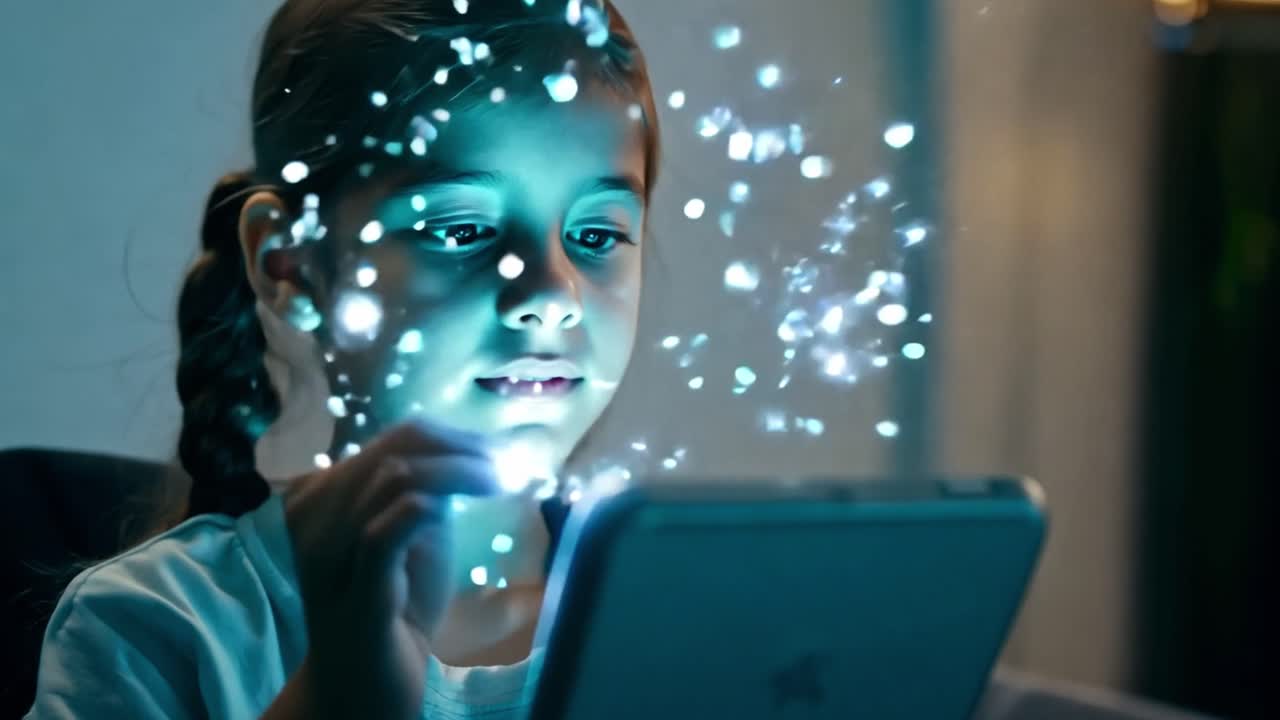 Girl using tablet at night