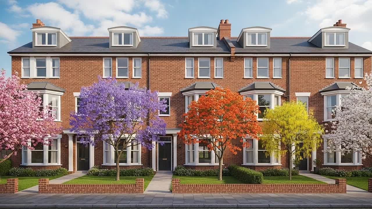Charming Row of Seasonal Townhouses with Vibrant Flowering Trees in Full Bloom, Showcasing a Beautiful Neighborhood Facade Under a Clear Blue Sky