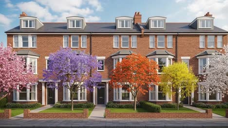 charming row of seasonal townhouses with vibrant flowering trees in full bloom, showcasing a beautiful neighborhood facade under a clear blue sky