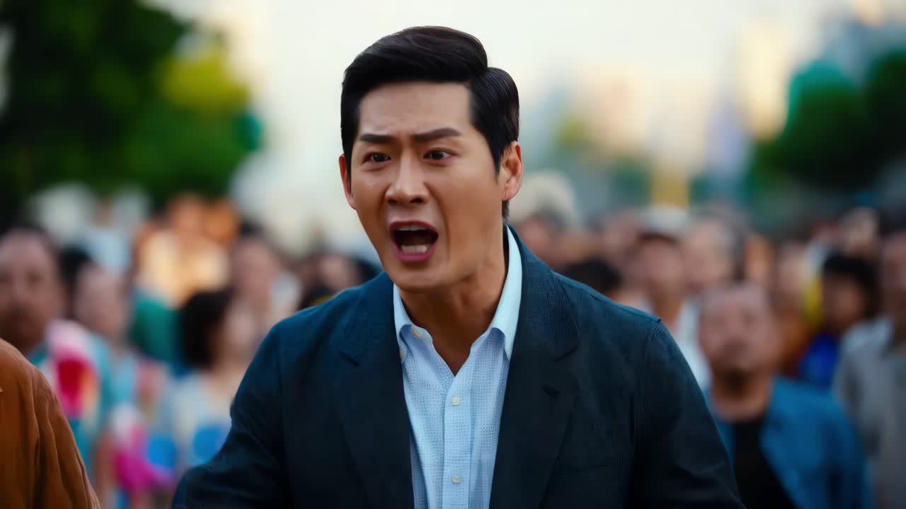 군중 가운데 분노하는 남자