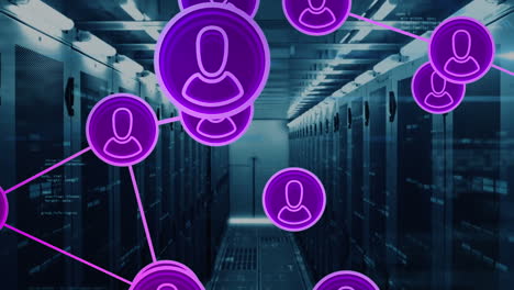 animazione della rete di icone di profilo, elaborazione dei dati e quadrati a mosaico contro la sala server