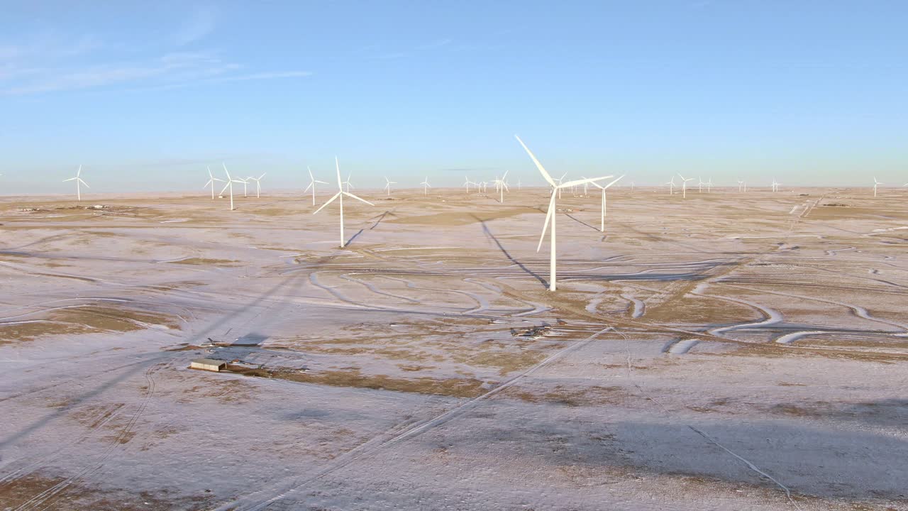 Aerial shots of wind turbines on a cold winter afternoon in Calhan, Colorado