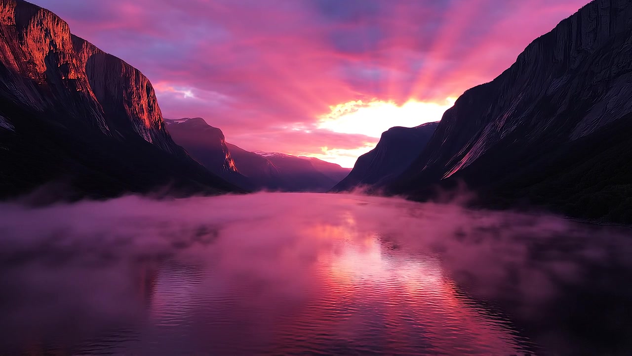Tramonto rosa vibrante su un fiordo montano nebbioso e acqua riflettente