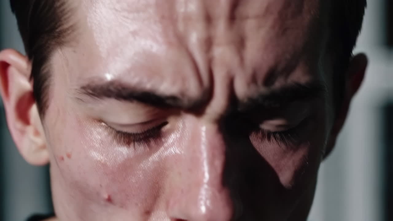 Close-up of a man's face showing concentration and possible discomfort