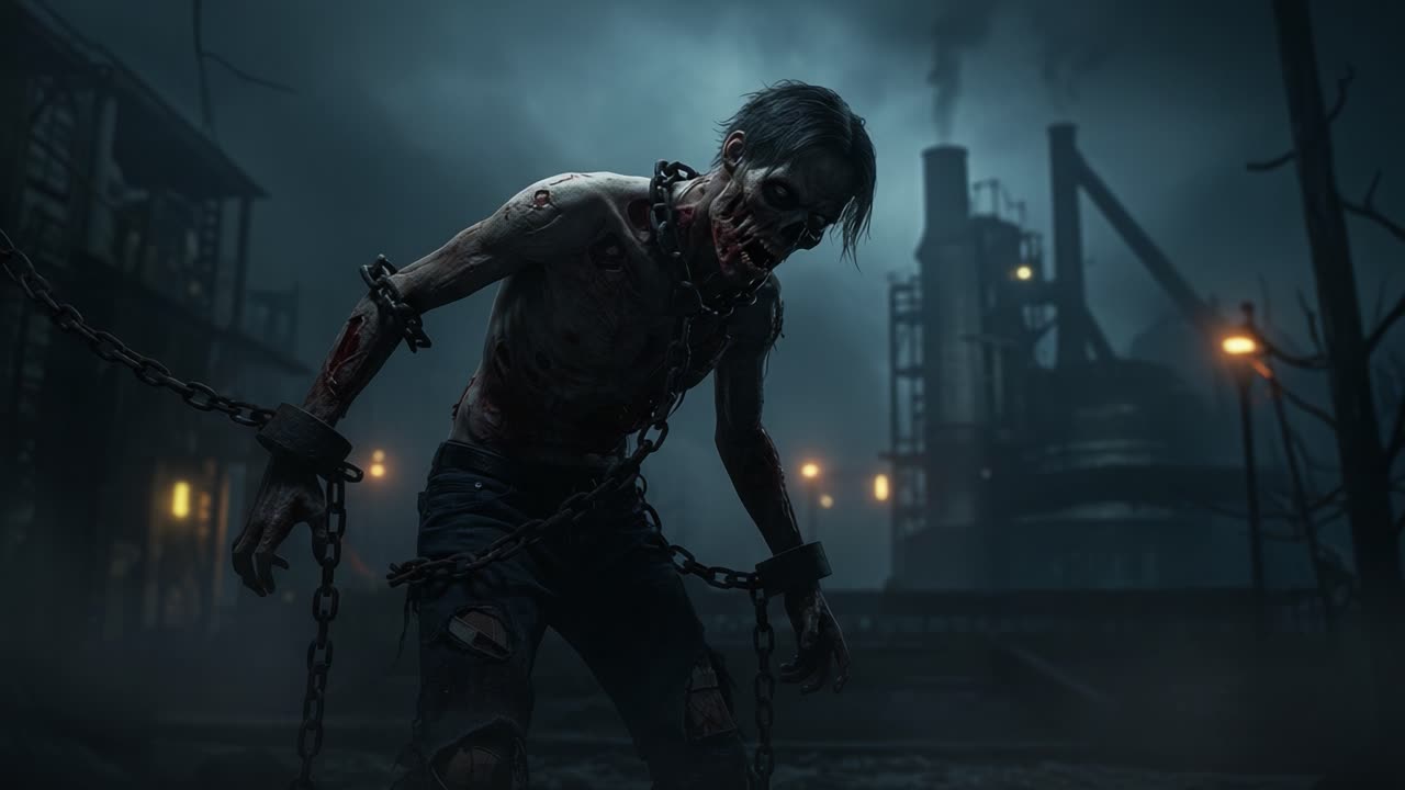 A nightmarish figure embodies horror, chained and tormented, wandering in a desolate landscape filled with shadows and eerie industrial structures in the background