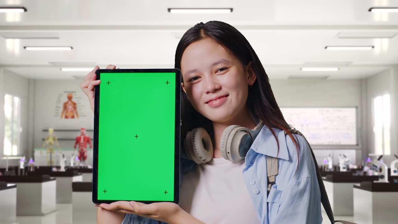 과학 실험실에 서서 녹색 화면 태블릿을 카메라에 보여주는 배을 가진 아시아 십대 소녀 학생의 클로즈업