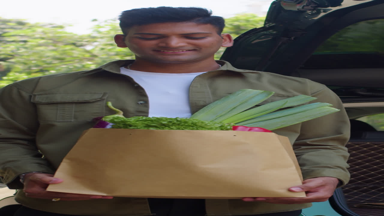 Portrait of Delivery Service Man with Bag of Groceries