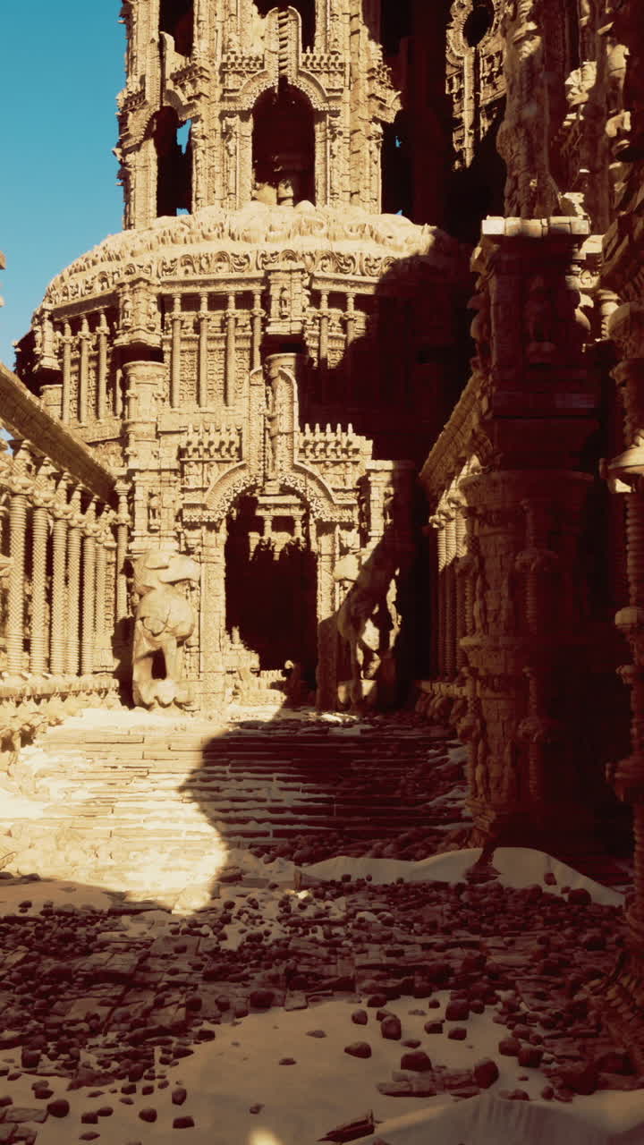 Ruins of an ancient temple complex in a desert landscape under bright sunlight