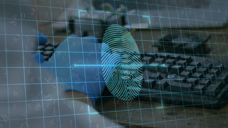 animation of data processing with fingerprint over caucasian scientist using computer