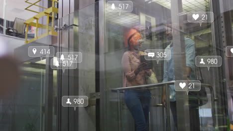 animation of multiple notification bars over diverse coworkers discussing in elevator