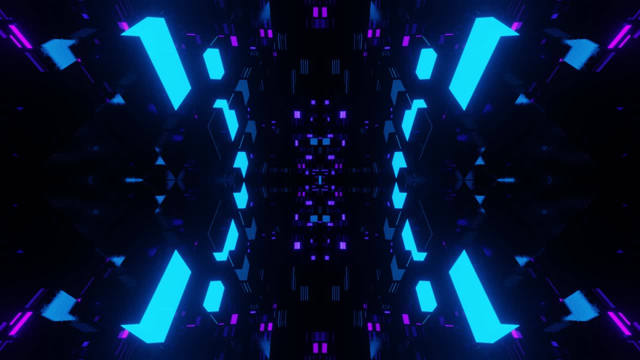 vj loop motion design background. Abstract bg motion graphics 3d symmetrical glowing construction. Mysterious luminous technical structures. Night club vj. Hi tech sci-fi modern technology background