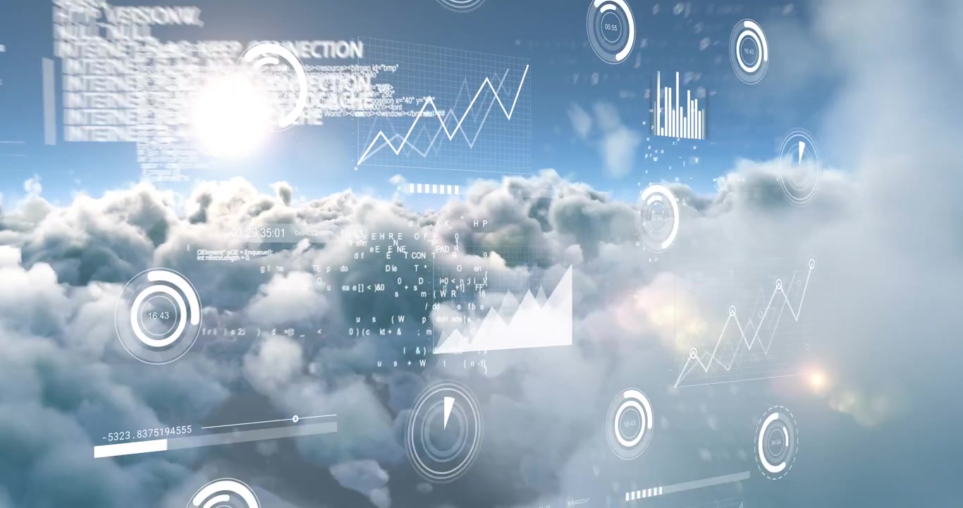 Animation of data processing with network of connections and white light over city and sky at night