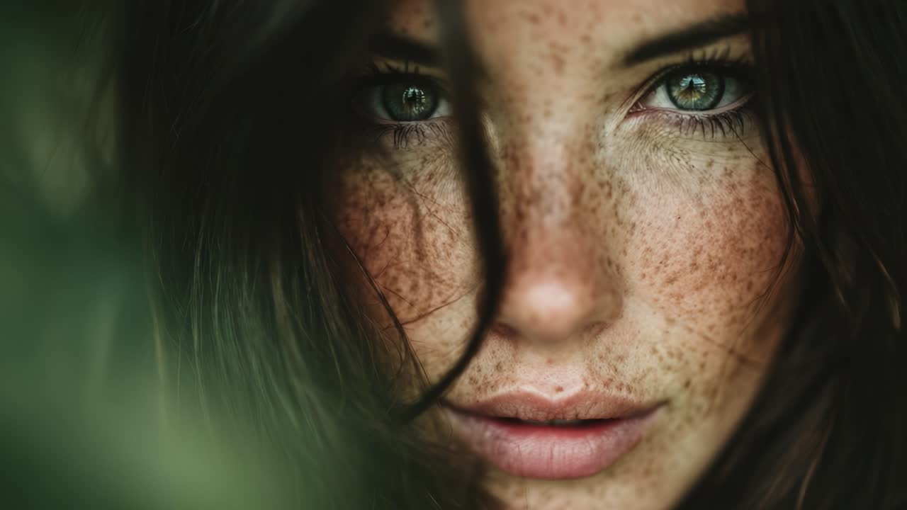 A Close-Up Portrait of a Woman with Radiant Freckles Surrounded by Delicate Green Foliage, Capturing Natural Beauty and Intricate Details in Every Frame