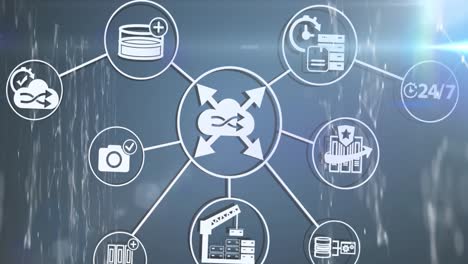 animation of interface with cloud and data sharing icons over networks and data processing