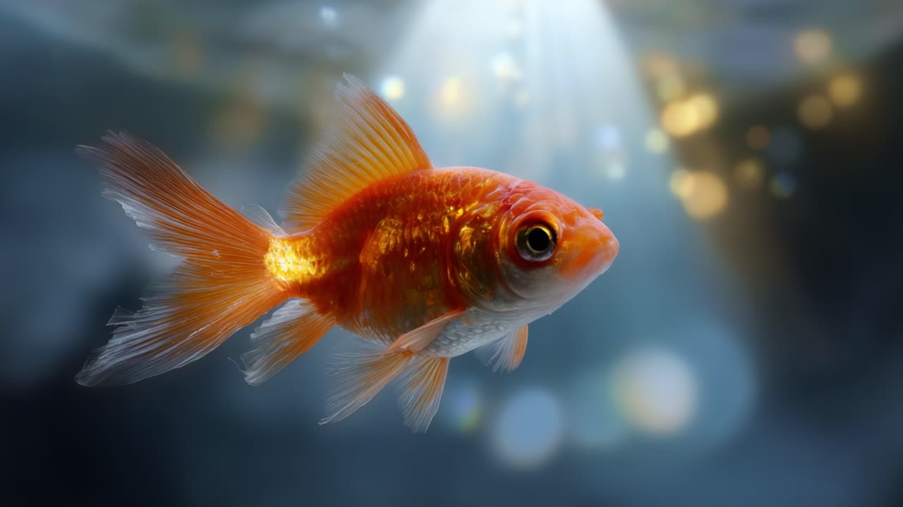 Betagende guldfisk, der yndefuldt svømmer gennem solbeskinnet vand, med funklende bobler og strålende lys, som skaber en magisk undervandsstemning