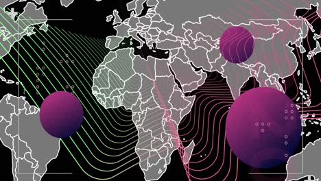 animation of spheres and world map on black background